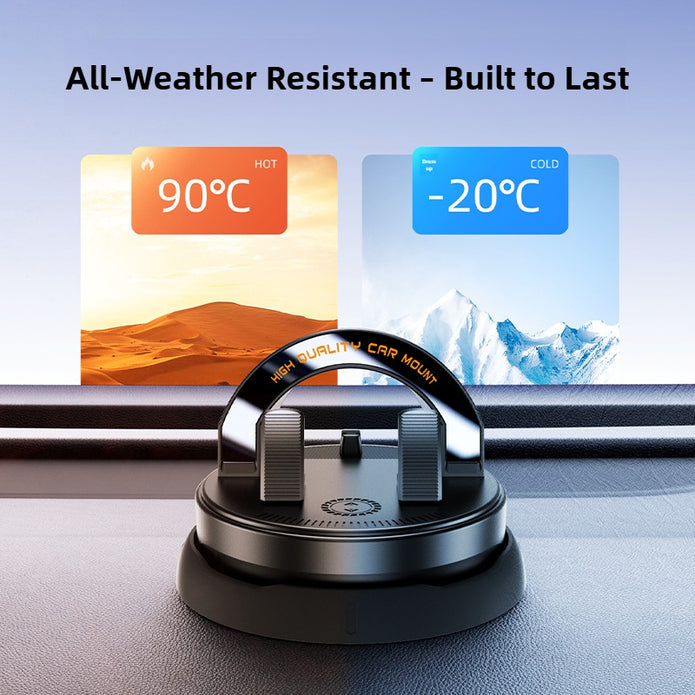 Car mount with temperature display on a car dashboard, showing extreme temperatures.