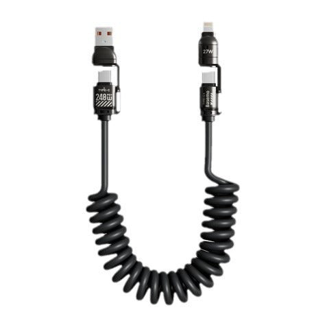 Coiled black USB cable with connectors on a white background