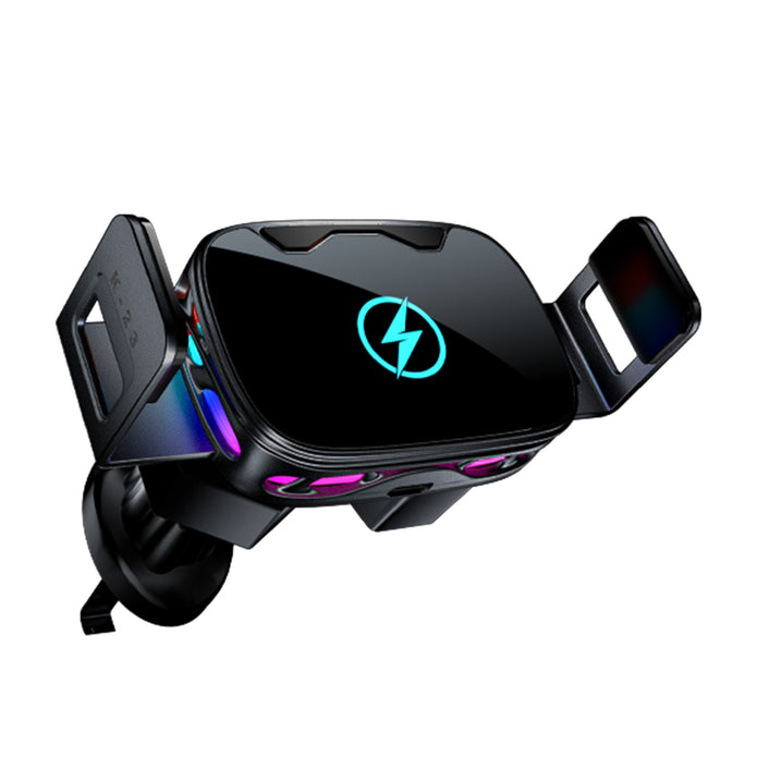 Black electronic device with a logo on a white background