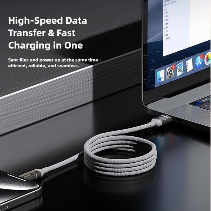 USB cable connecting to a laptop with text about high-speed data transfer and fast charging.