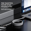 USB cable connecting to a laptop with text about high-speed data transfer and fast charging.