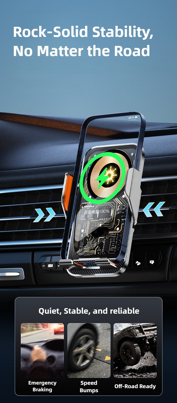 Phone holder with stability features on a car dashboard, emphasizing reliability and stability.