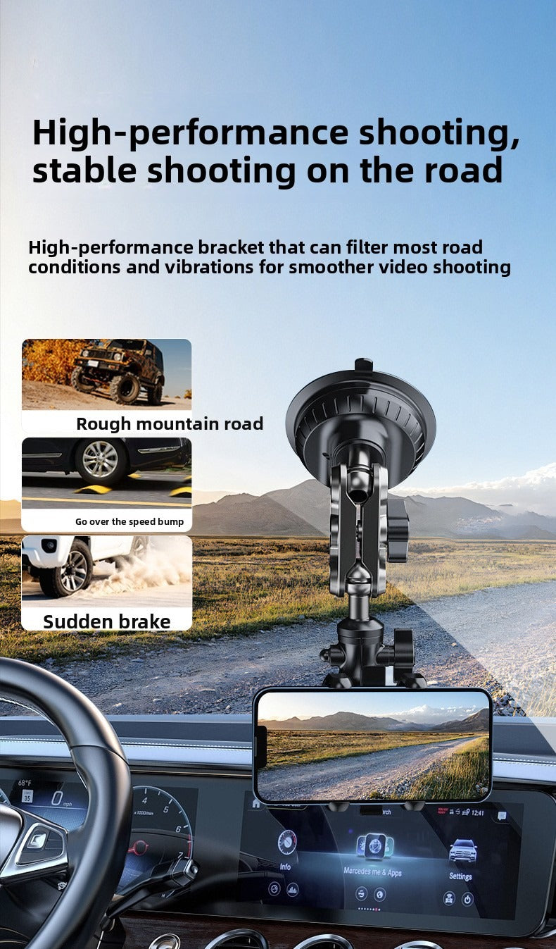 High-performance camera bracket on a car dashboard with text about road conditions and vibrations.