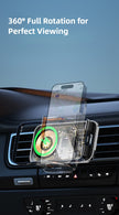 Phone mount with 360-degree rotation feature on a car dashboard
