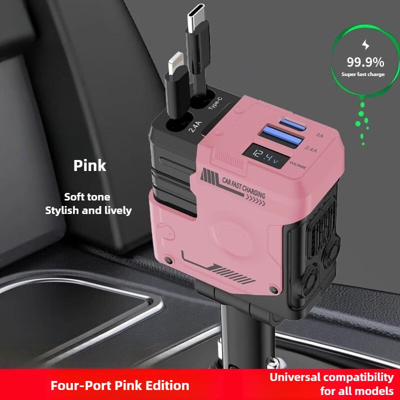 Pink universal charger with multiple ports on a car dashboard.