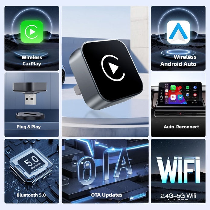 Collage of technology features including wireless carplay, android auto, plug and play, auto reconnect, bluetooth 5.0, OTA updates, and wifi connectivity.