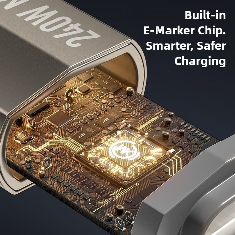 Close-up of a charging cable with a visible E-marker chip, text 'Built-in E-Marker Chip. Smarter, Safer Charging' on a dark background.