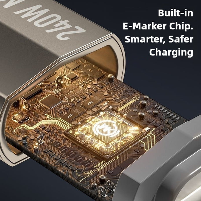 Close-up of a charging cable with a visible E-marker chip, text 'Built-in E-Marker Chip. Smarter, Safer Charging' on a dark background.