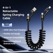 4-in-1 retractable spring charging cable with multiple connectors on a car dashboard background.