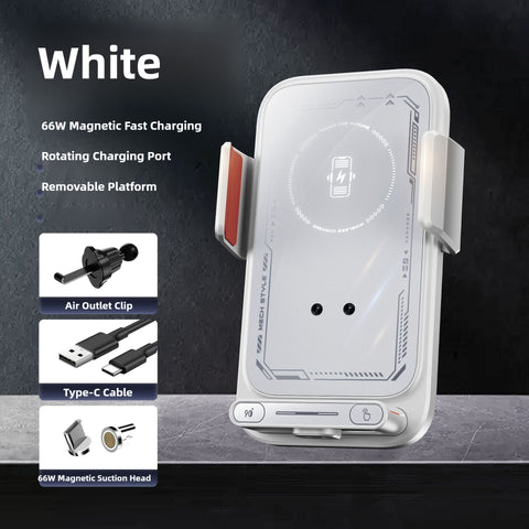 White wireless charging stand with features listed on a dark background