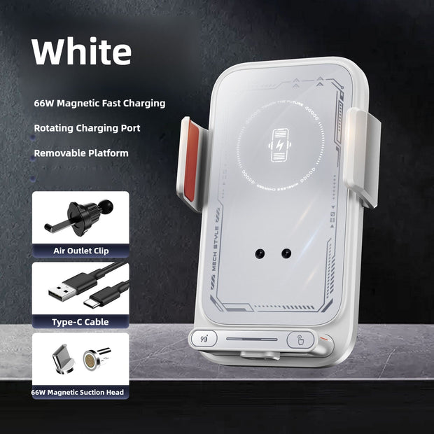 White wireless charging stand with features listed on a dark background