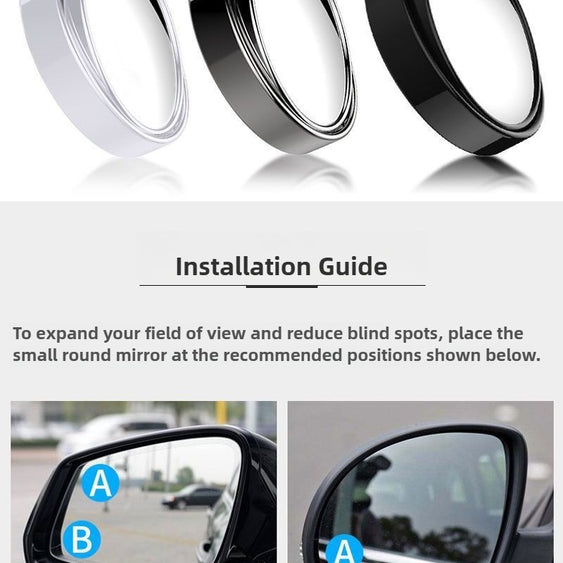Three round car mirrors in white, silver, and black with installation guide text.
