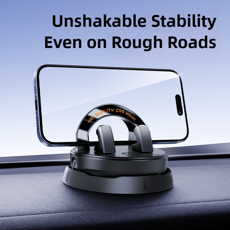 Phone holder on a car dashboard with text 'Unshakable Stability Even on Rough Roads' on a blue background