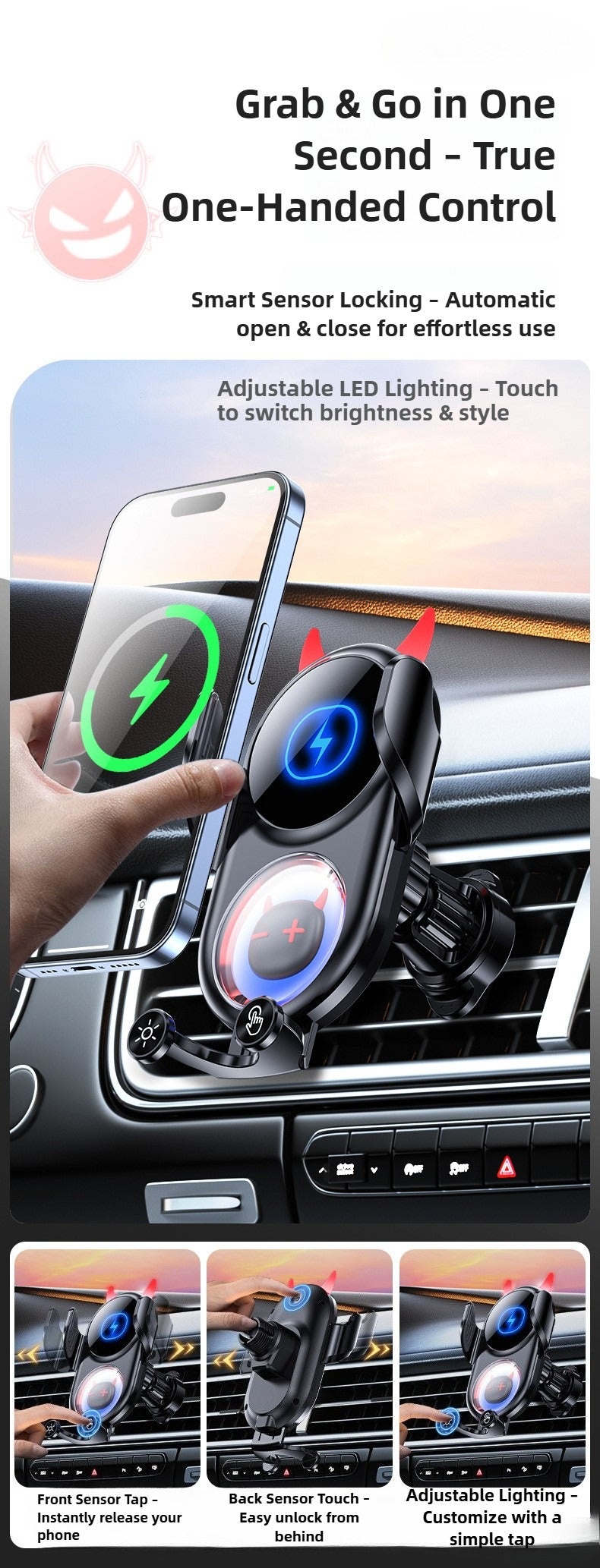 Smart phone holder in car with adjustable LED lighting and one-handed control feature.