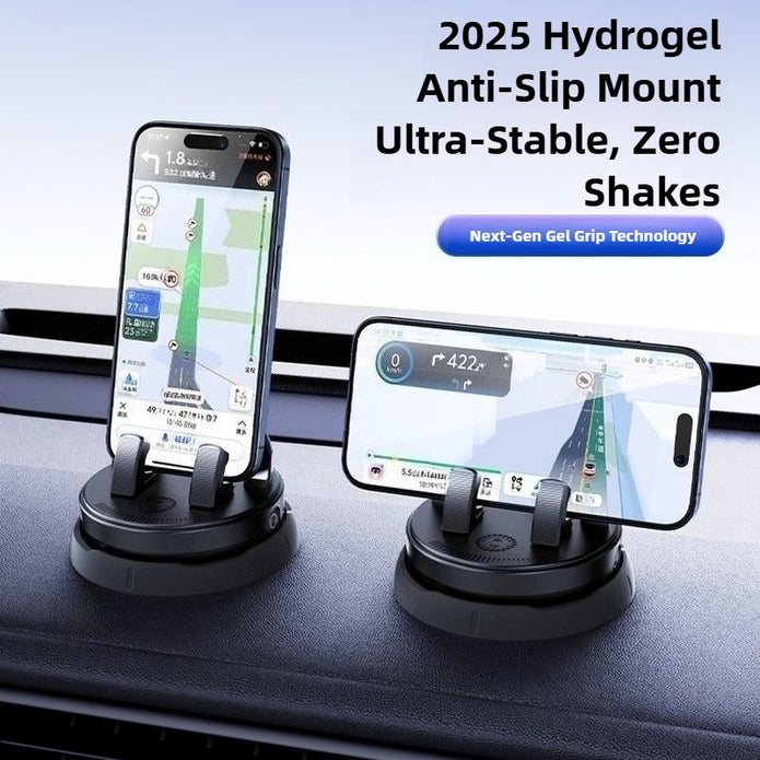 Two phone holders on a car dashboard with text about 2025 Hydrogel Anti-Slip Mount technology.