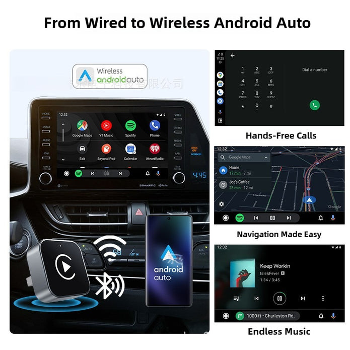 Wireless Android Auto adapter in a car dashboard with smartphone and screen displaying app icons.