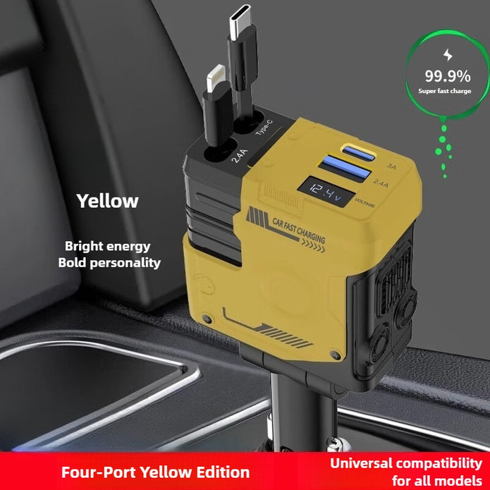 Yellow charging adapter with multiple ports on a car dashboard