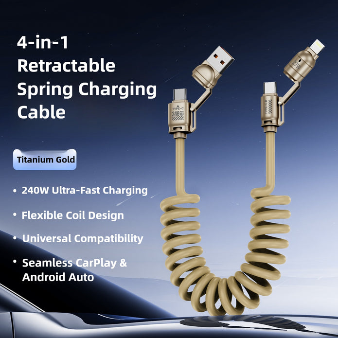 4-in-1 retractable spring charging cable with multiple connectors on a car dashboard.