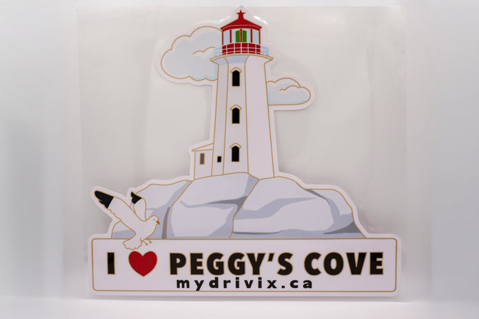 Sticker of a lighthouse with 'I ❤️ Peggy's Cove' text on a white background