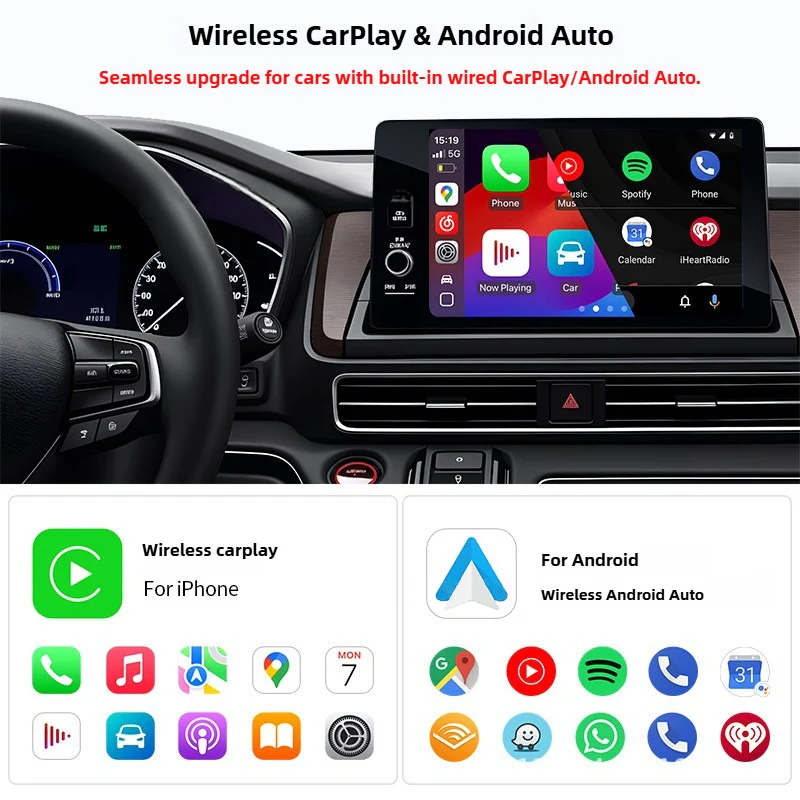 Car dashboard with wireless CarPlay and Android Auto interface displayed on a screen.