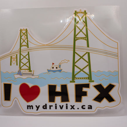 Sticker with a bridge design and 'I ❤️ HFX' text on a white background