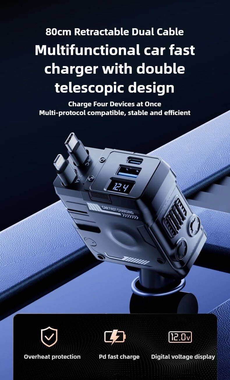 Multifunctional car fast charger with dual telescopic design on a dark background