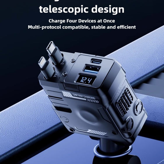 Multifunctional car fast charger with dual telescopic design on a dark background