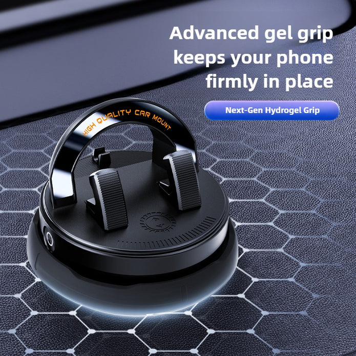 Black car phone mount with text on a textured black surface