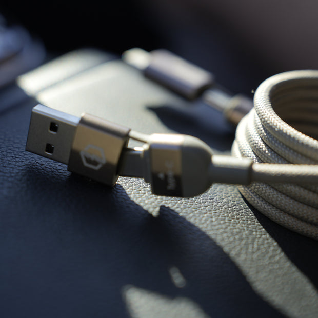 USB cable with connectors on a dark surface