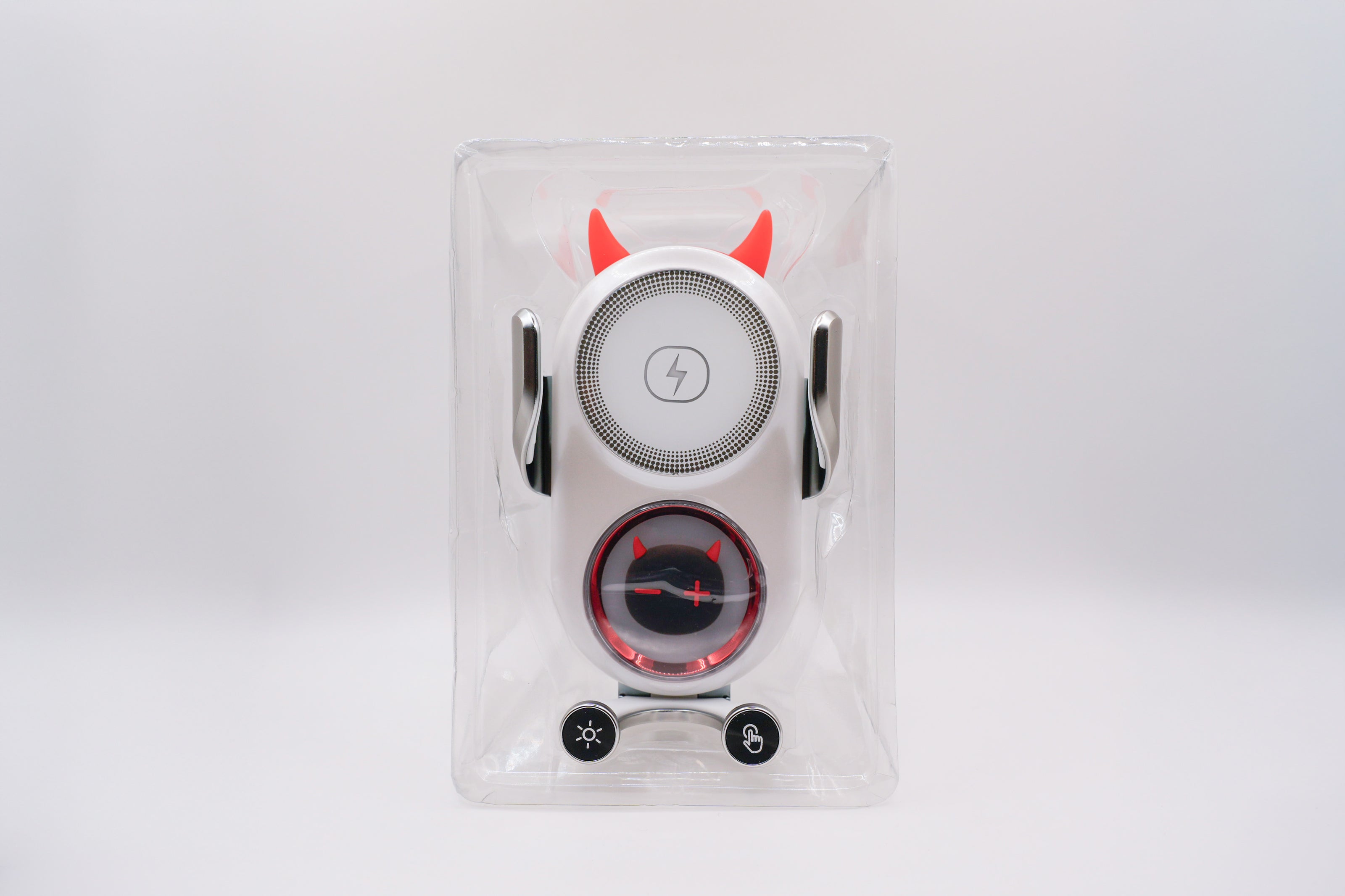 Gadgets with red accents and a power symbol on a white background