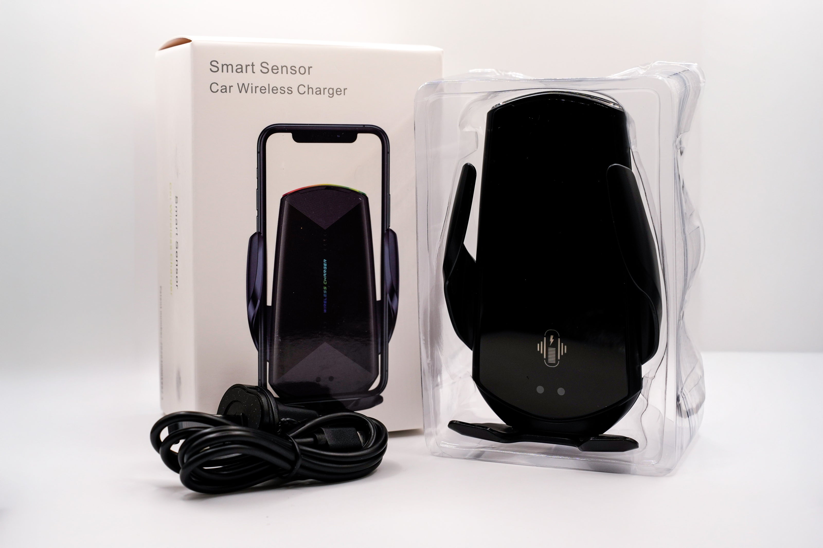Smart Sensor Car Wireless Charger with packaging on a white background