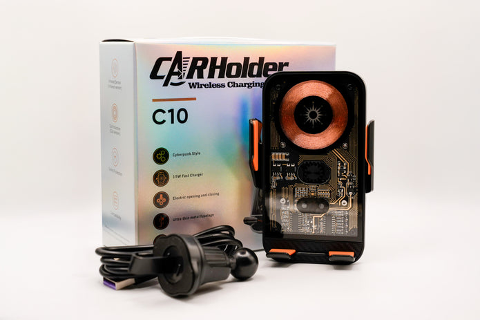 Car holder with wireless charging feature and packaging on a white background