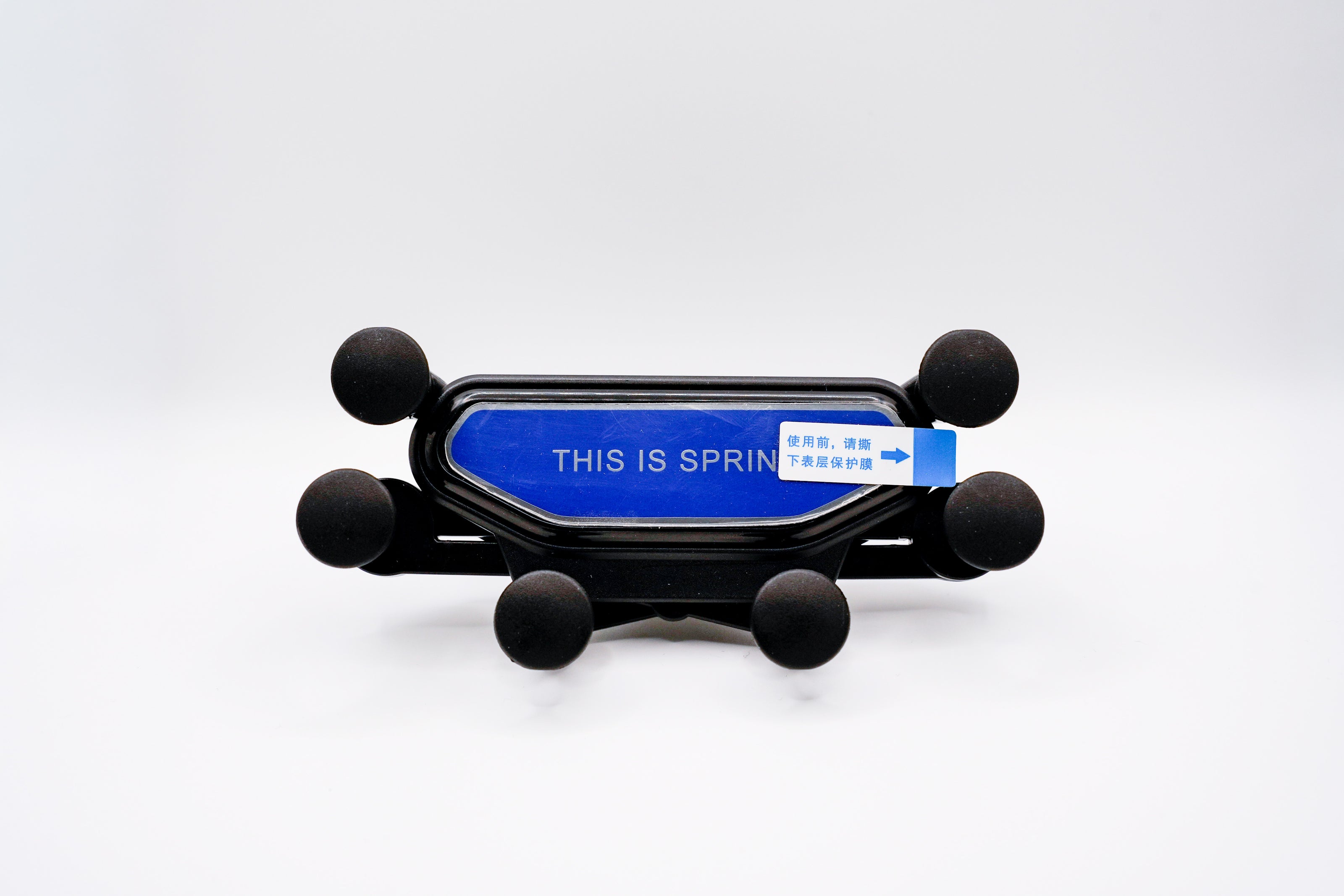 Black phone holder with blue label on a white background