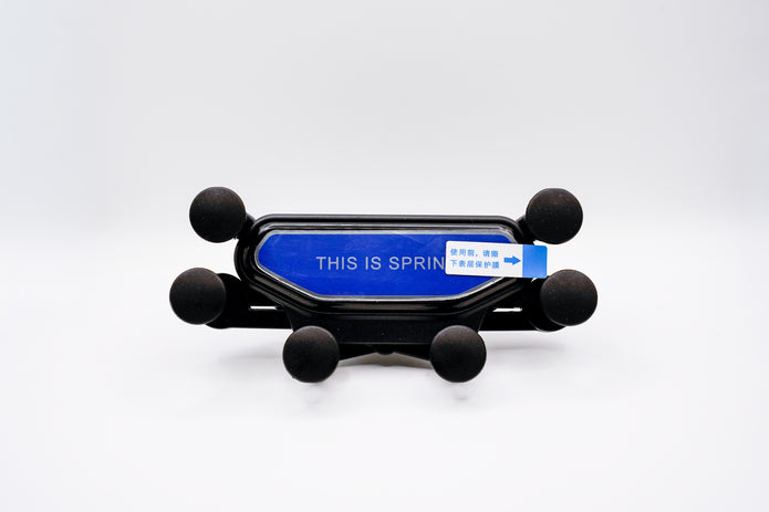 Black phone holder with blue label on a white background