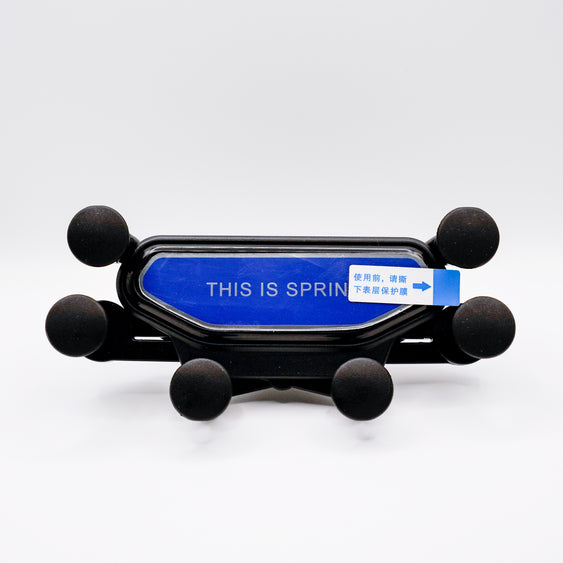 Black phone holder with blue label on a white background