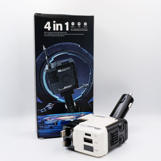 4-in-1 travel adapter with packaging on a white background