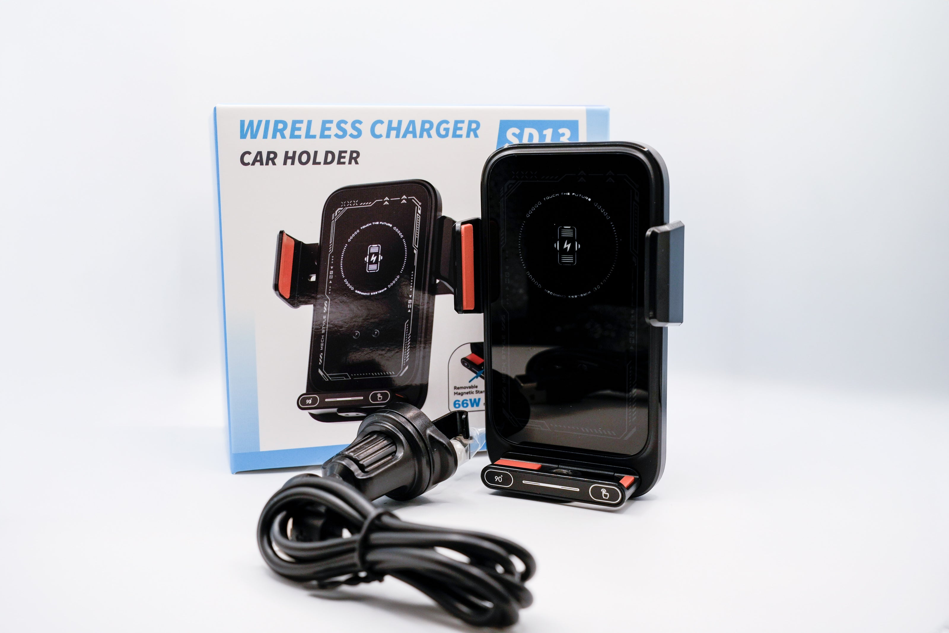 Wireless charger car holder with packaging on a white background