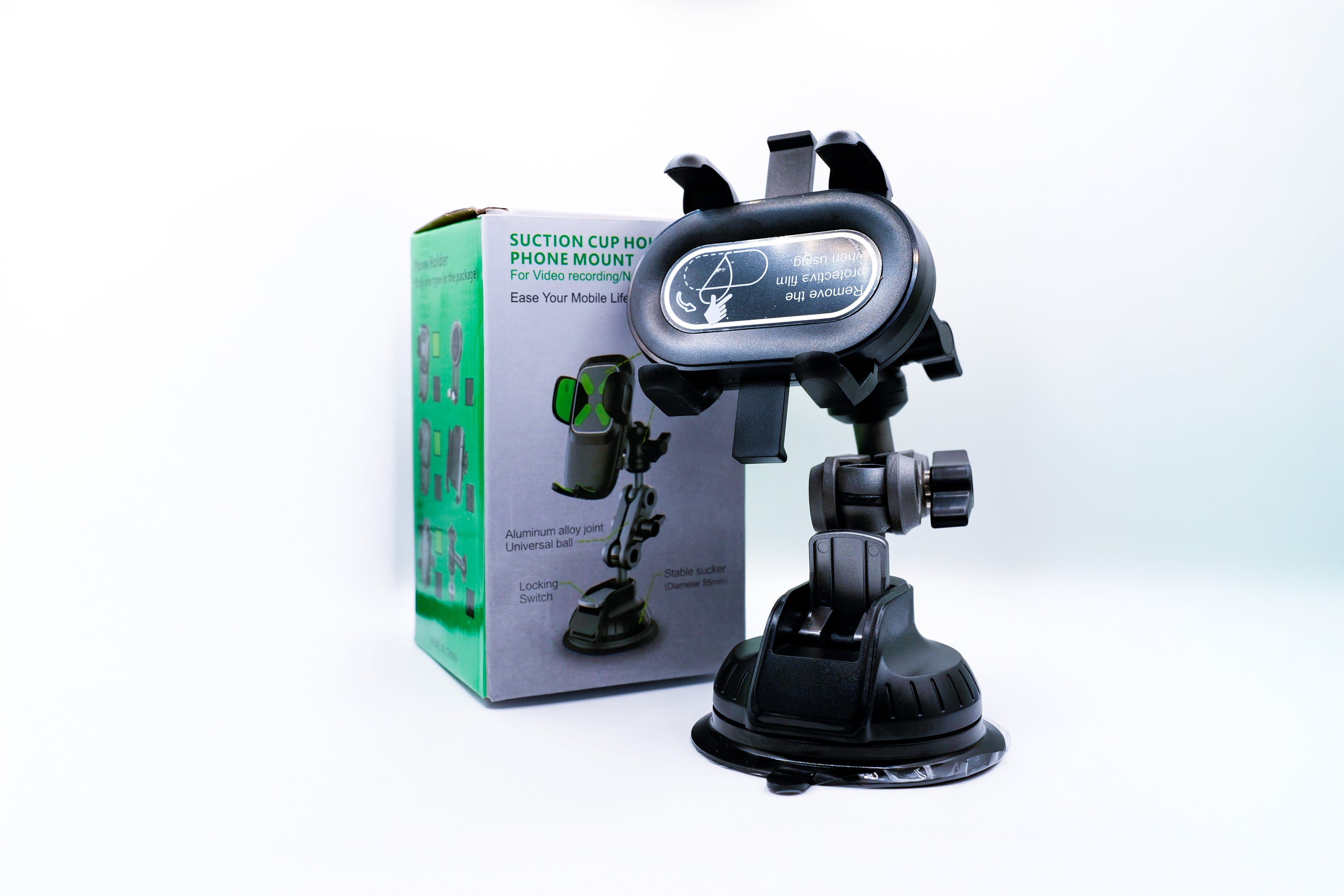 Black suction cup mount for phones with packaging on a white background