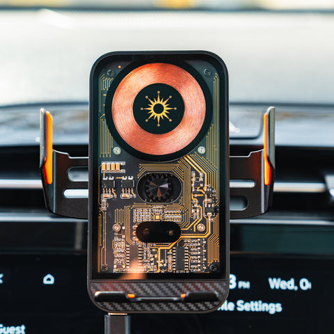 Phone with a circuit board design on a car vent mount