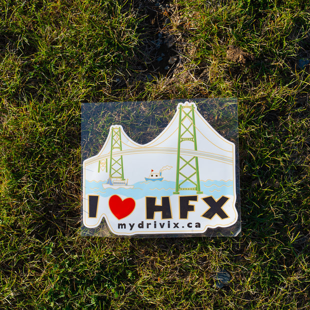 Sticker with 'I ❤️ HFX' text on a grassy background